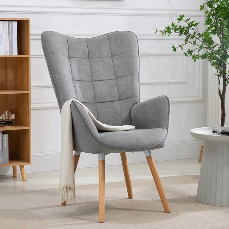 Poltrona confortevole, poltrone, sedie imbottite, divano, gambe in legno, poltrona a orecchie per soggiorno, camera da letto, ufficio, toeletta, tessuto, grigio