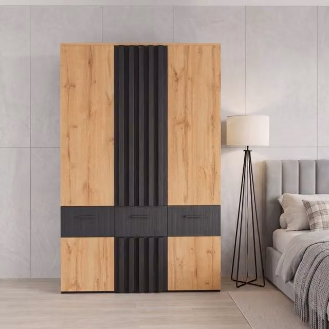 Armadio alto 90 x 50 x 200 cm; ante effetto lamelle; 2 aste appendiabiti; 3 cassetti; 6 scomparti contenitore