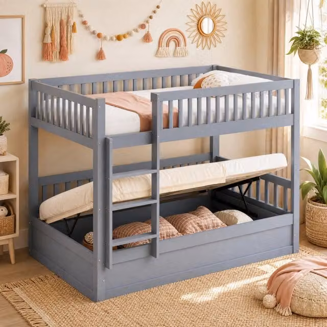 Letto a castello REDOM in legno massello con vano contenitore idraulico e scala, grigio, L/P: 90 x 200 cm