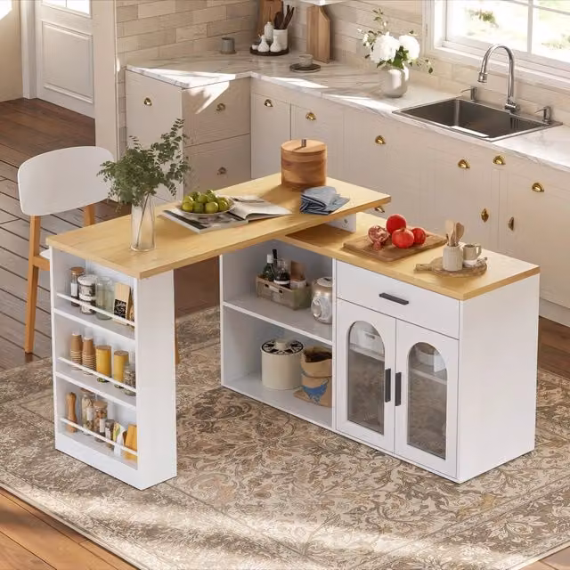 Credenza e madia da cucina con piano rotante, cassetto e ripiani, ante in vetro per cucina, bianca, 136 × 50 × 78 cm