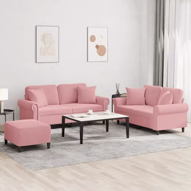 Set di divani 3 pezzi vidaXL in velluto rosa con cuscini per soggiorno in stile moderno