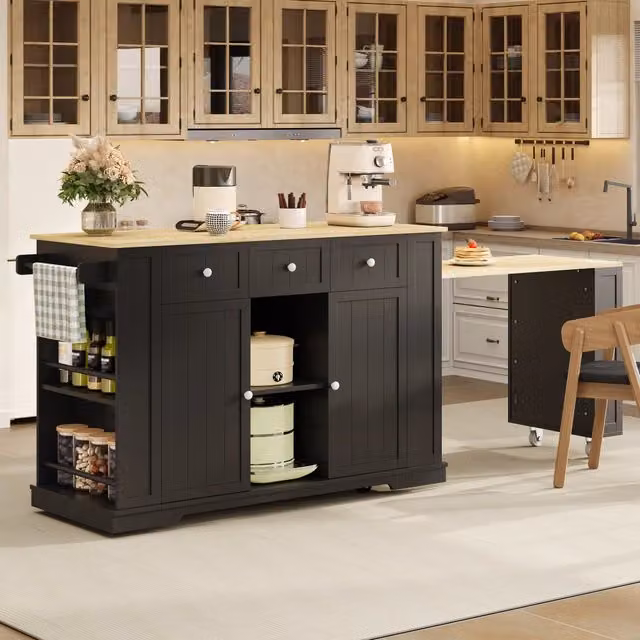 Isola cucina con tavolo estraibile nera e legno naturale in MDF 138 x 55 x 93 cm