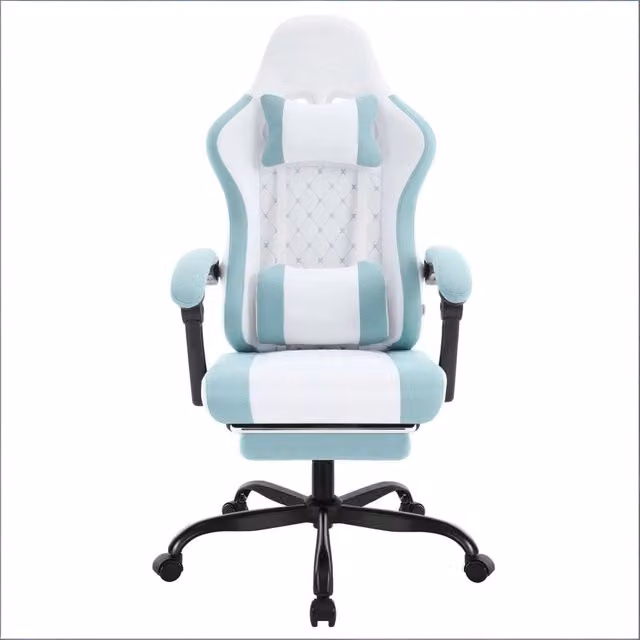 Sedia da ufficio girevole con massaggio USB e schienale reclinabile, in rete e tessuto blu e bianco