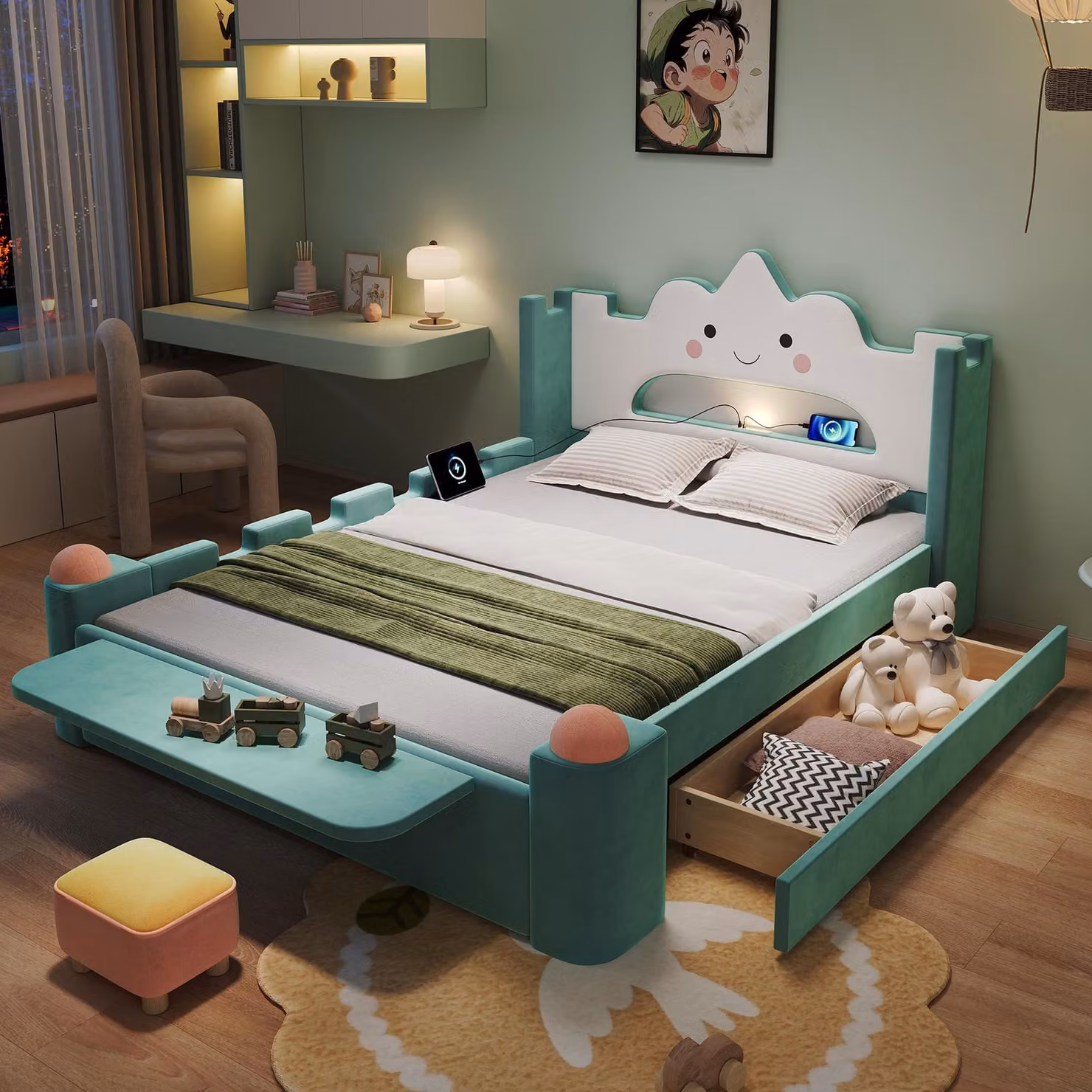 Letto imbottito Merax 140x200 cm, modello "nuvola", con lampada da lettura a LED e porta USB, letto per bambini con cassetto contenitore e ripiano pieghevole, letto con rete a doghe, colore blu-verde