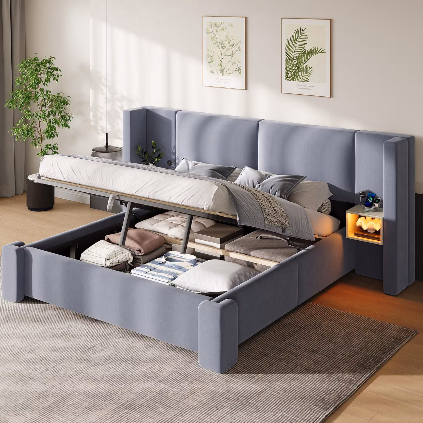 Letto matrimoniale idraulico imbottito 180x200 cm con funzione di ricarica (USB e Tipo C), letto contenitore con comodini e rivestimento in ecopelle, letto per ragazzi in lino, colore grigio