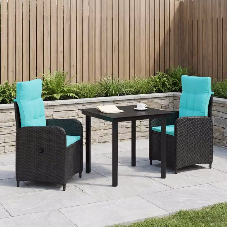 Set da pranzo per giardino e terrazzo vidaXL in polyrattan composto da 3 pezzi, colore nero e turchese