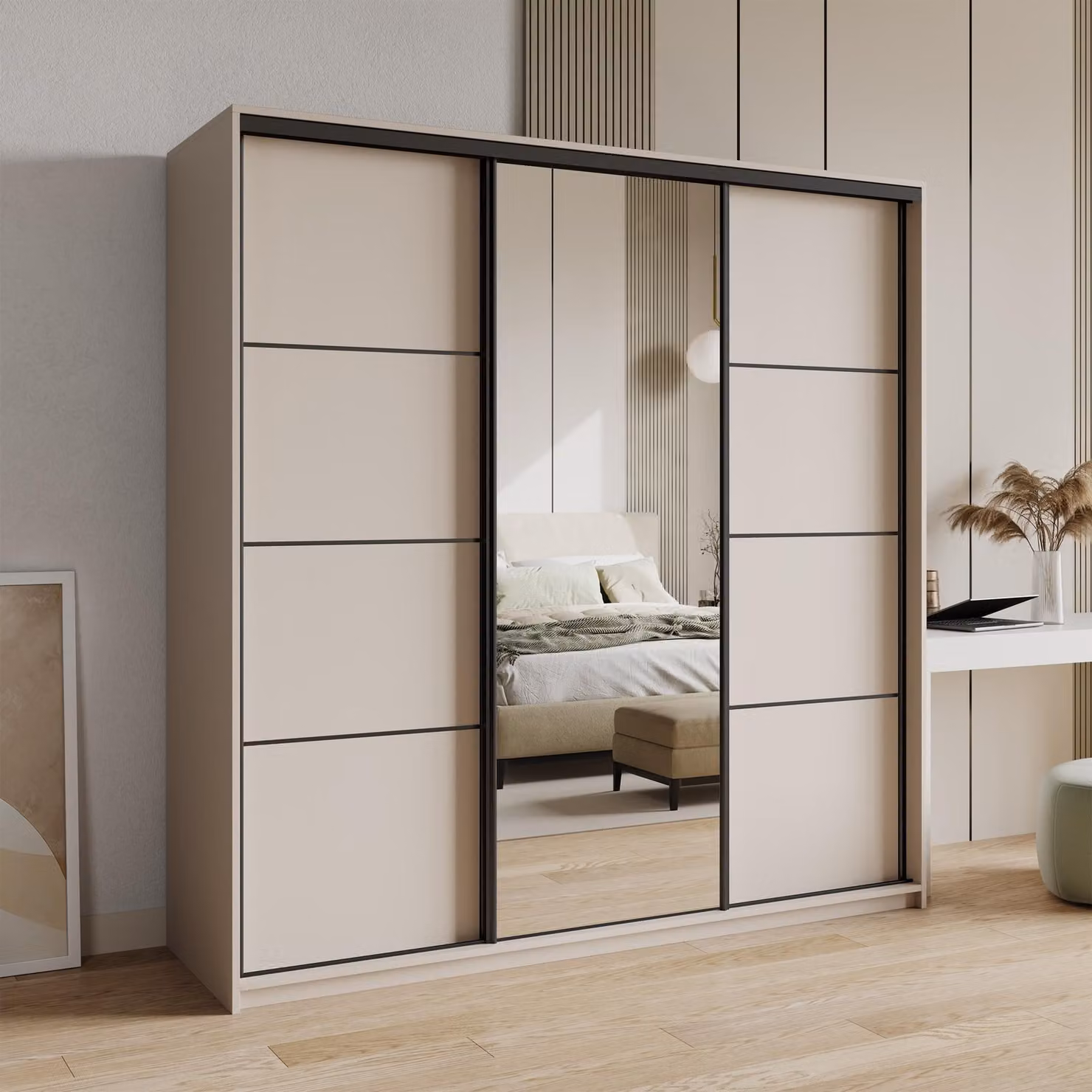 Masseno Armadio con ante scorrevoli VARO 180/205/60 cm Armadio con 4 cassetti Armadio per camera da letto a 3 ante con specchio Cashmere