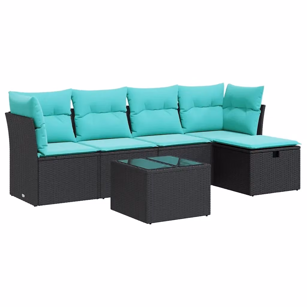 Set Divano da Giardino a L vidaXL con 6 Pezzi, Tavolino e Cuscini, Colore Nero e Blu Turchese – 2