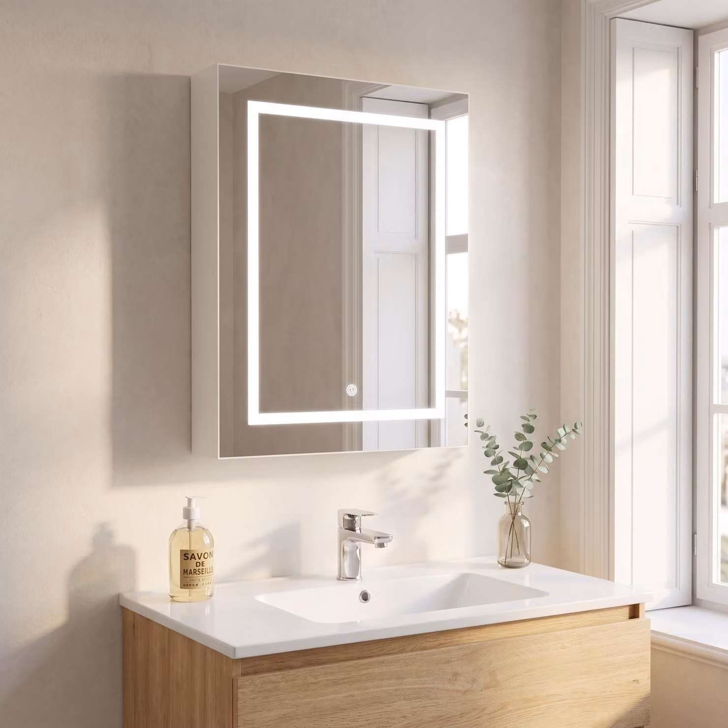 INONEFT, mobiletti specchio da bagno con illuminazione a LED, specchio da bagno, illuminazione a tre colori, antiappannamento, 1 anta, mobiletto bagno 50 x 70 cm