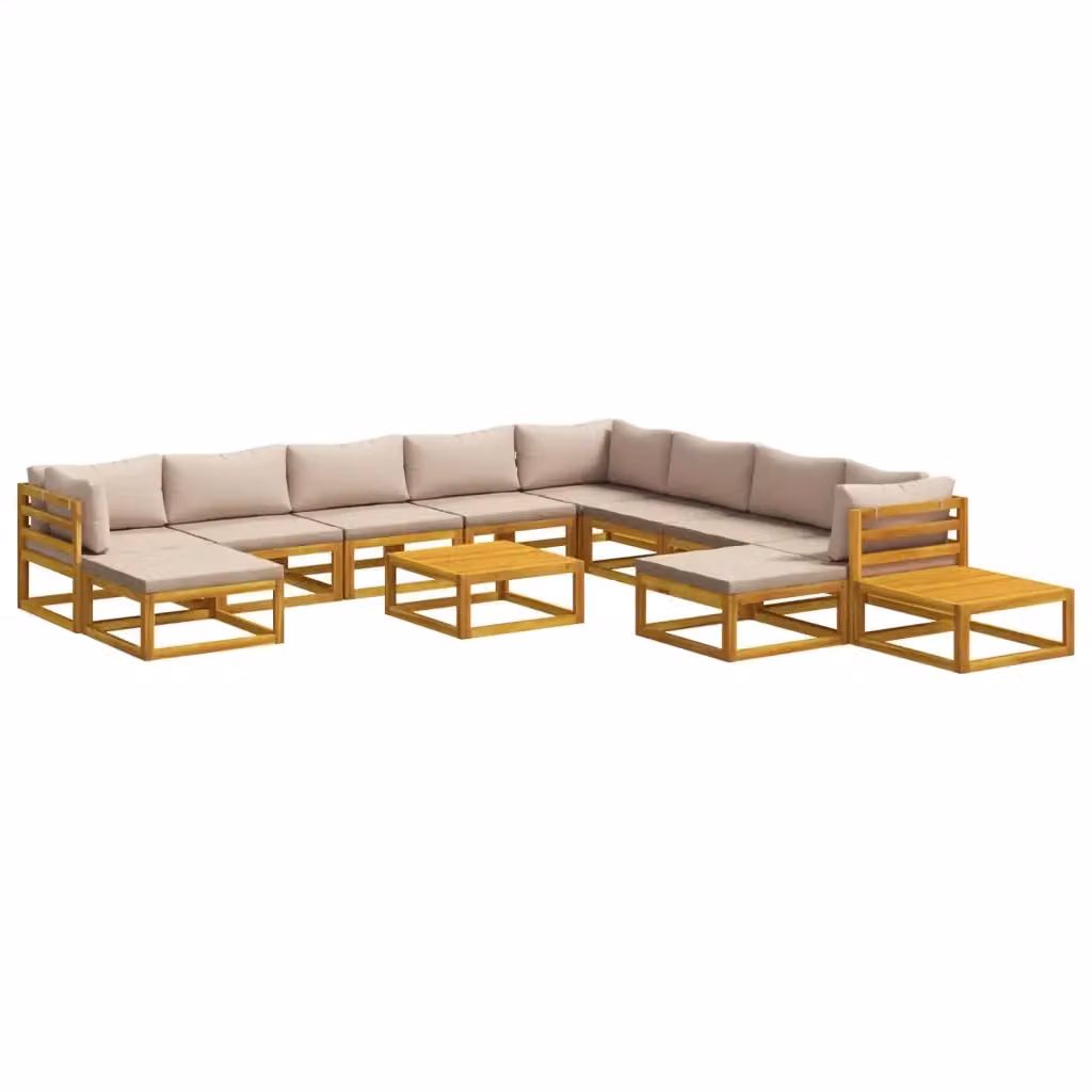 Set di divani da giardino vidaXL in legno di acacia massello con cuscini beige e marrone, composizione a L con pouf e tavolino da esterno – 2
