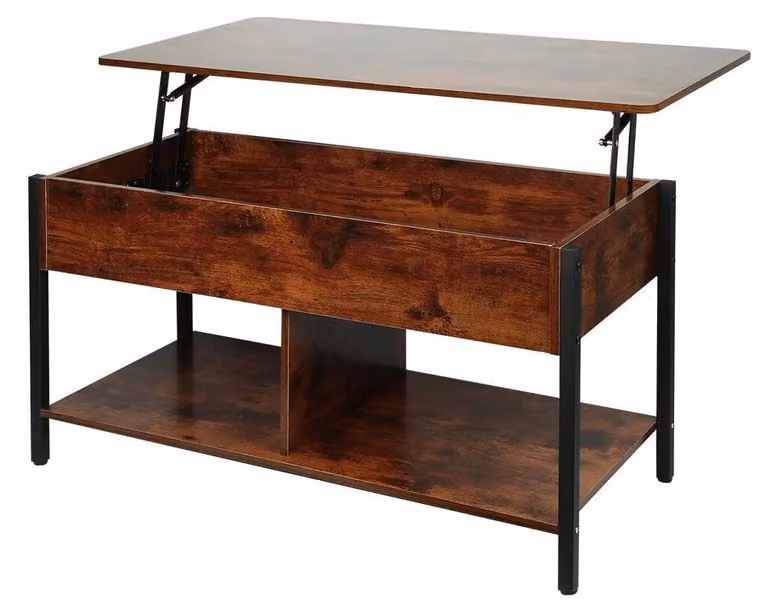 Tavolino da salotto con piano sollevabile, dotato di spazio contenitivo nascosto, scomparti aperti, cassetti, design rettangolare in legno, colore marrone vintage