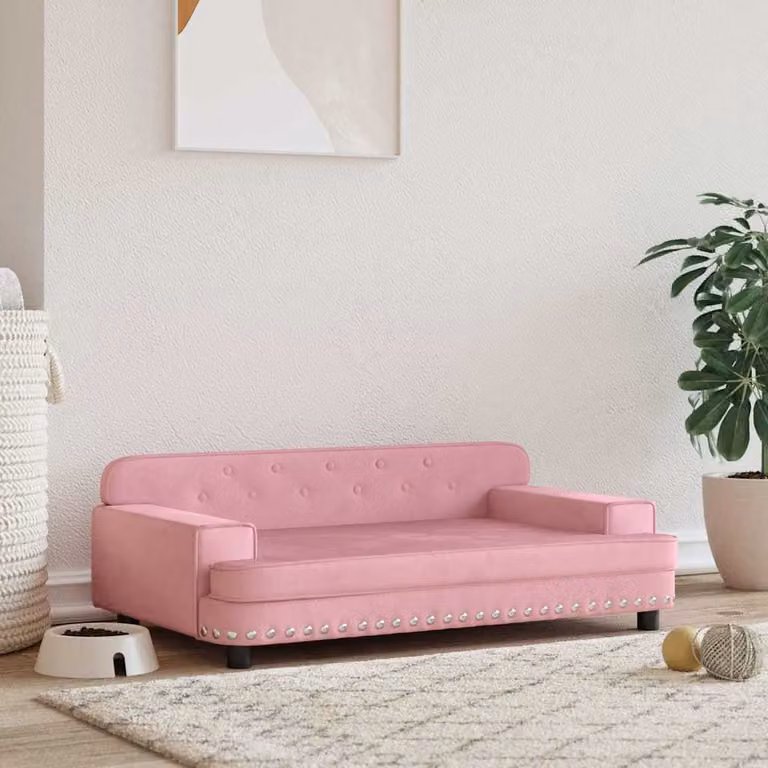 vidaXL Lettino per Cani in Velluto Rosa con Struttura in Legno L 90 x P 53 x H 30 cm