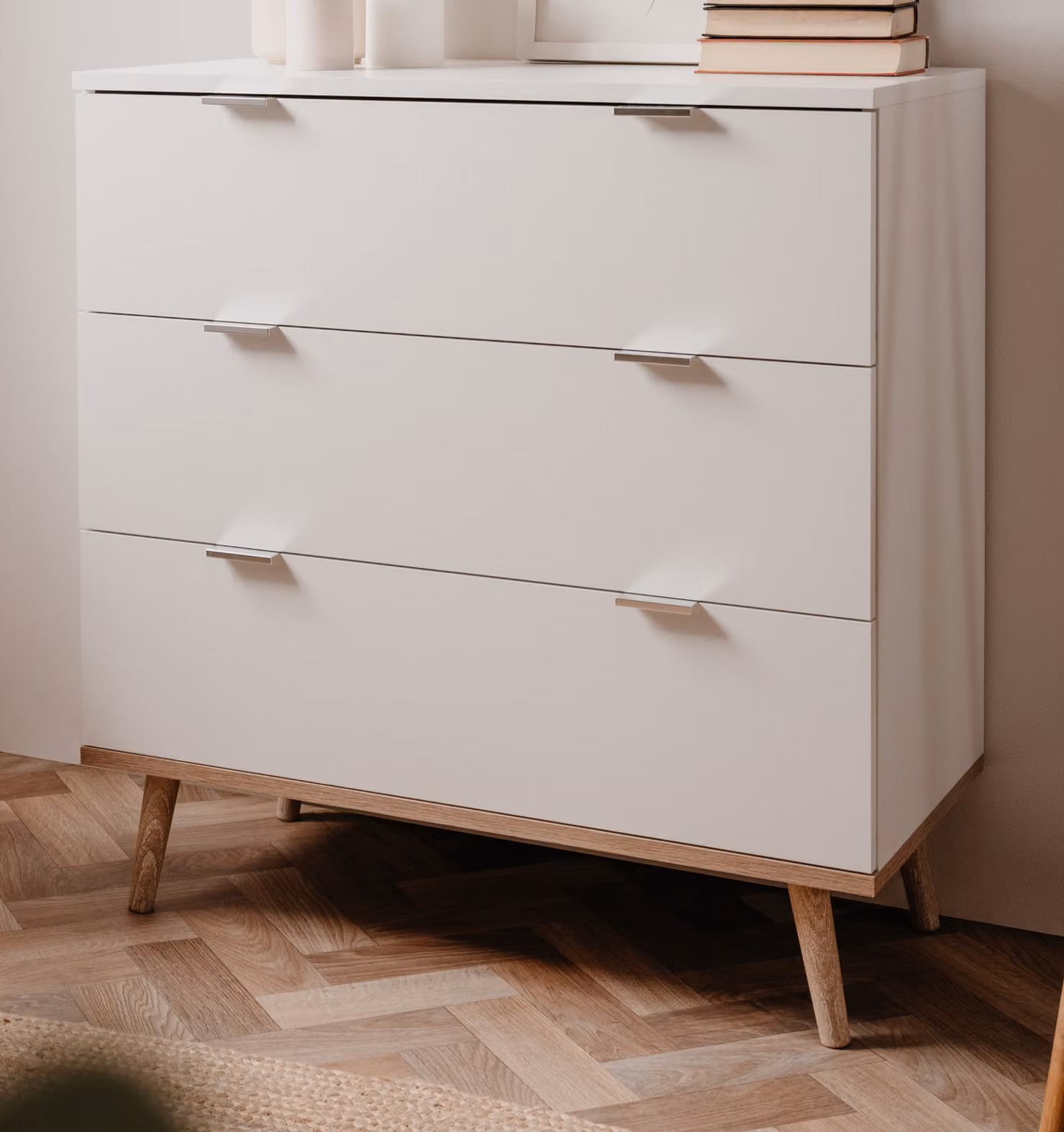 Cassettiera "Lundby" bianca con rovere Sonoma 80 x 87 cm, cassettiera scandinava