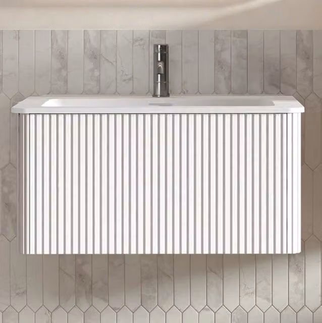 Mobile bagno sospeso bianco 80 cm con lavabo in minerale e design a scanalature verticali