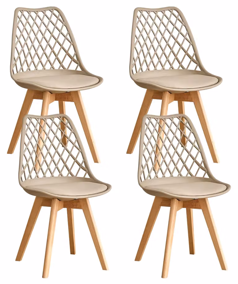 Set di sedie da pranzo - Sedie da pranzo moderne - Set da 4 - Beige - Seduta in plastica - Gambe in legno - Senza braccioli - Da montare