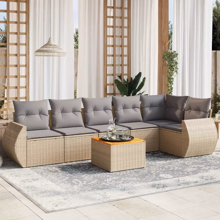 Set di divani da giardino vidaXL in polyrattan beige con cuscini e tavolino da esterno a forma di L