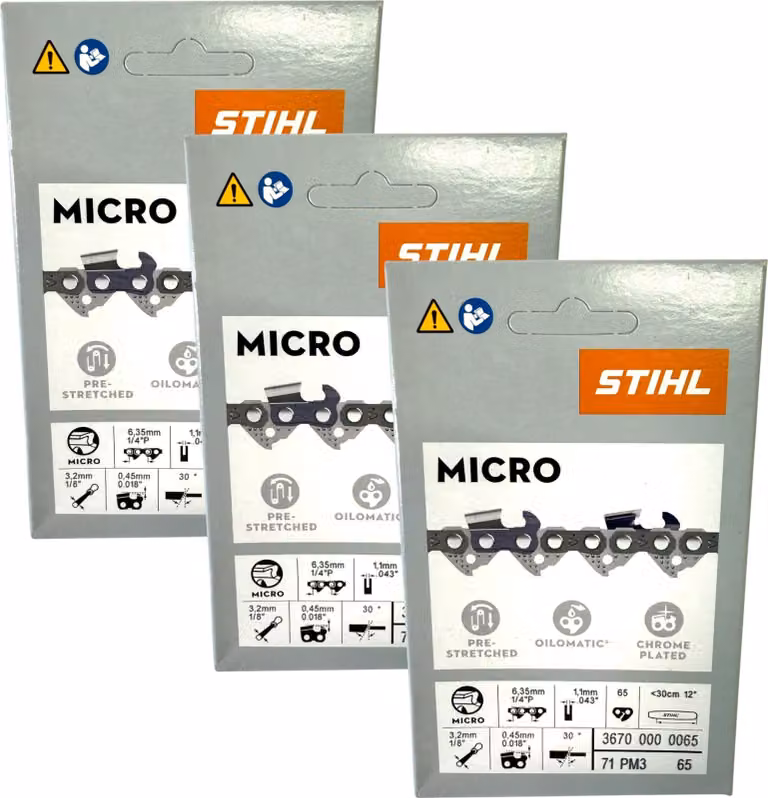 Stihl 3x 1/4" Picco Micro 3 (PM3) catena da sega 30 cm 1/4" P 1,1 mm 65 TG 3 pezzi ( 3x 36700000065 )