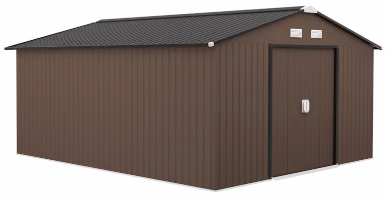 Casetta da giardino Outsunny da 12,4 m² con tetto a due falde, porta scorrevole e fondamenta, colore marrone