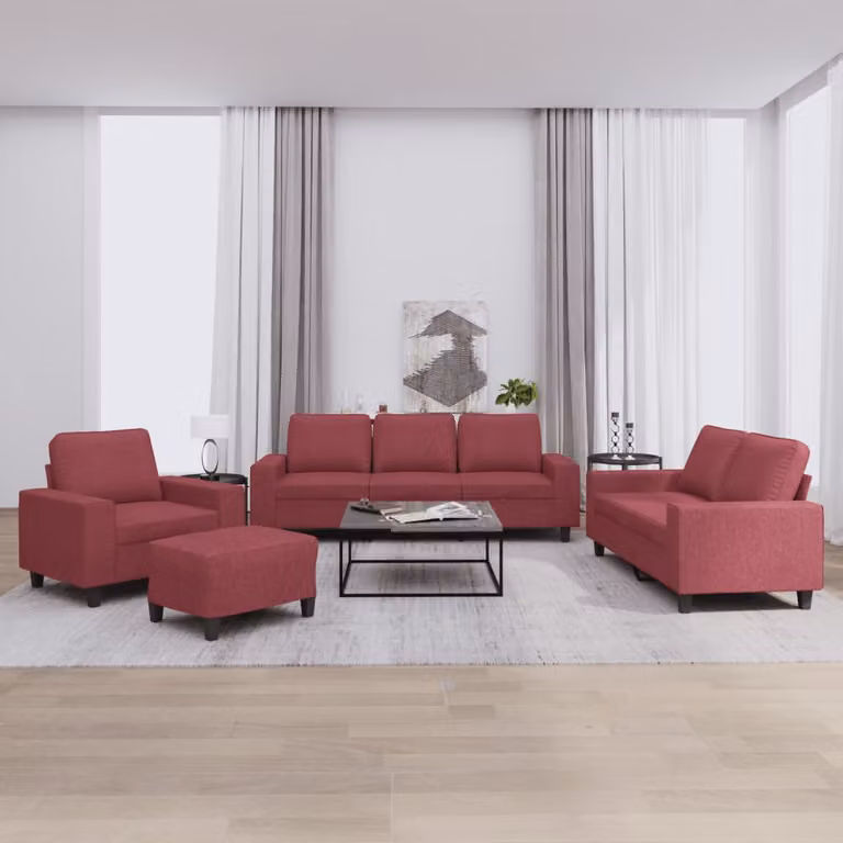 Set di divani vidaXL 4 pezzi in tessuto rosso per soggiorno con pouf e cuscini