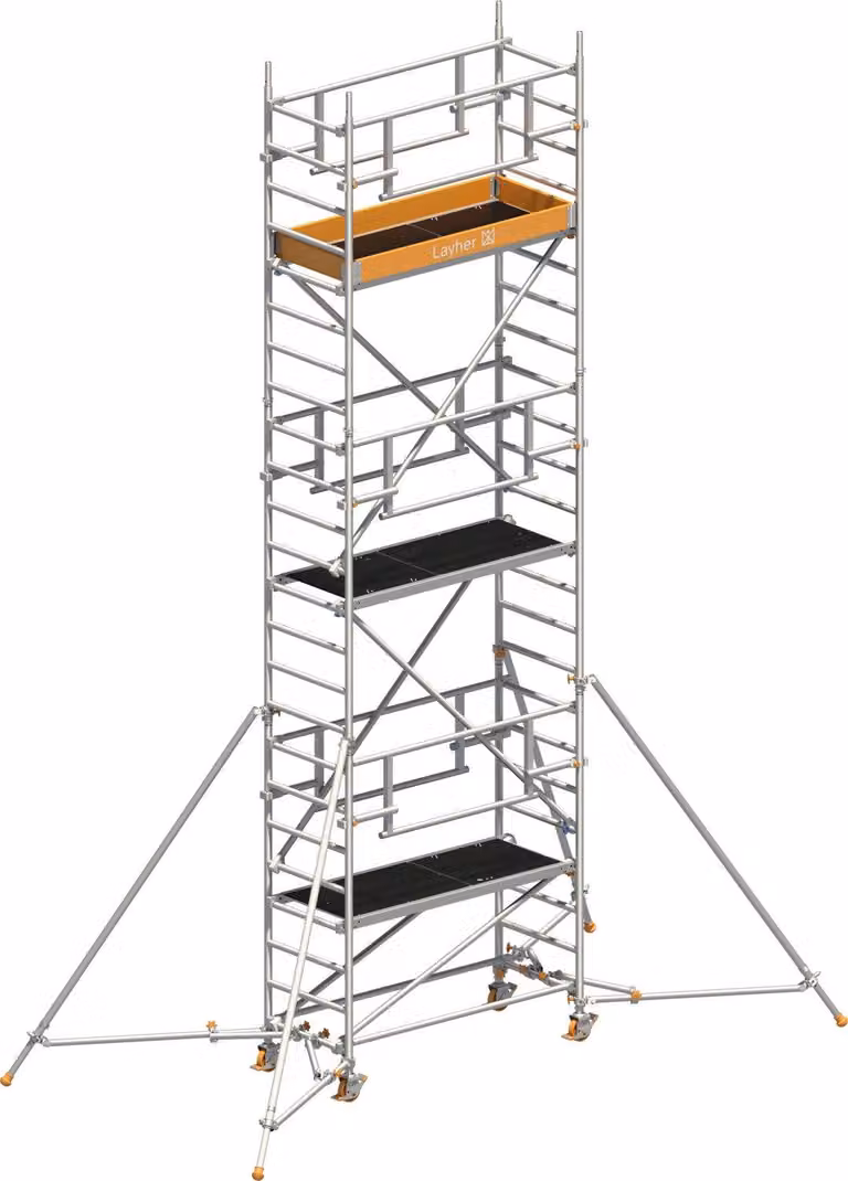 Ponteggio mobile Layher Uni Leicht P2 Safety Plus con doppia ringhiera e puntelli estensibili 7,10 m AH