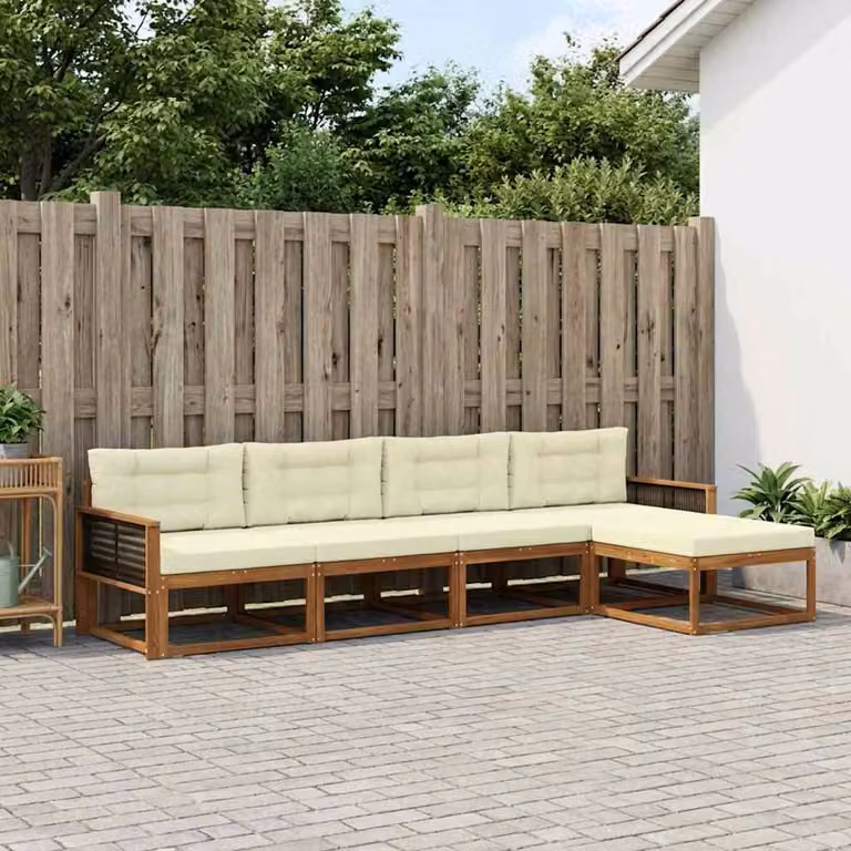 Set di divani da esterno vidaXL a forma di L composto da 5 pezzi in legno di acacia con cuscini beige e marrone
