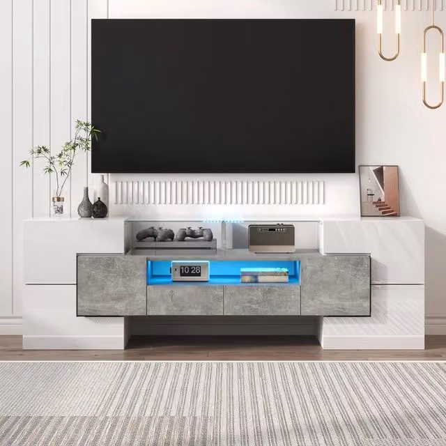 Mobile porta tv bianco lucido 145 cm con luci led; design moderno in MDF finitura bianco e cemento