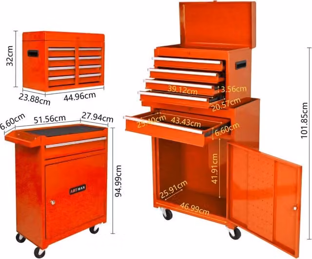 Armadio portautensili in acciaio arancione con 5 cassetti e ruote L/P/H: 100 x 68 x 32,5 cm – 1