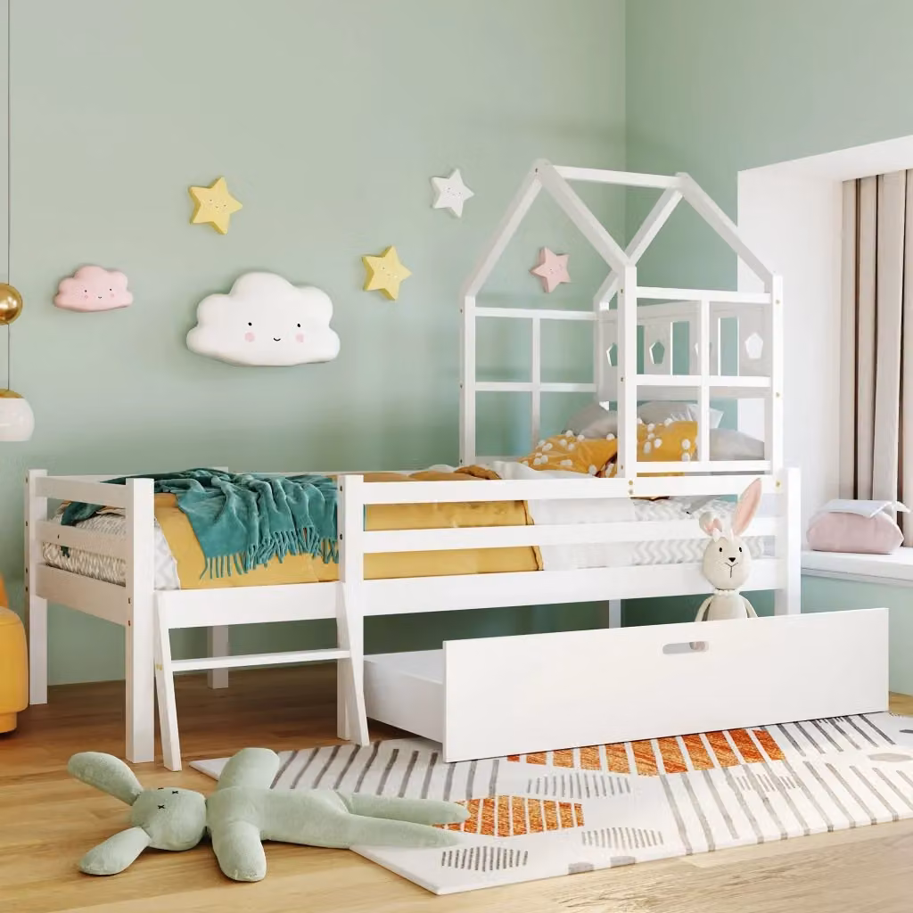 Letto a soppalco Chicfurn per bambini in legno bianco con scala, cassetti e barriera di sicurezza L/P/H: 207 x 90 x 159 cm – 2