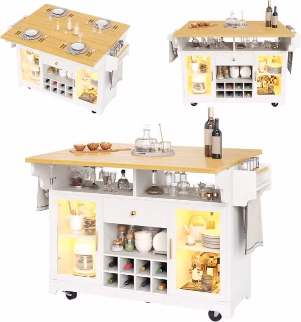 Carrello da cucina con piano pieghevole su due lati; 120 x 40/80 x 95 cm; LED RGB; MDF e metallo; bianco