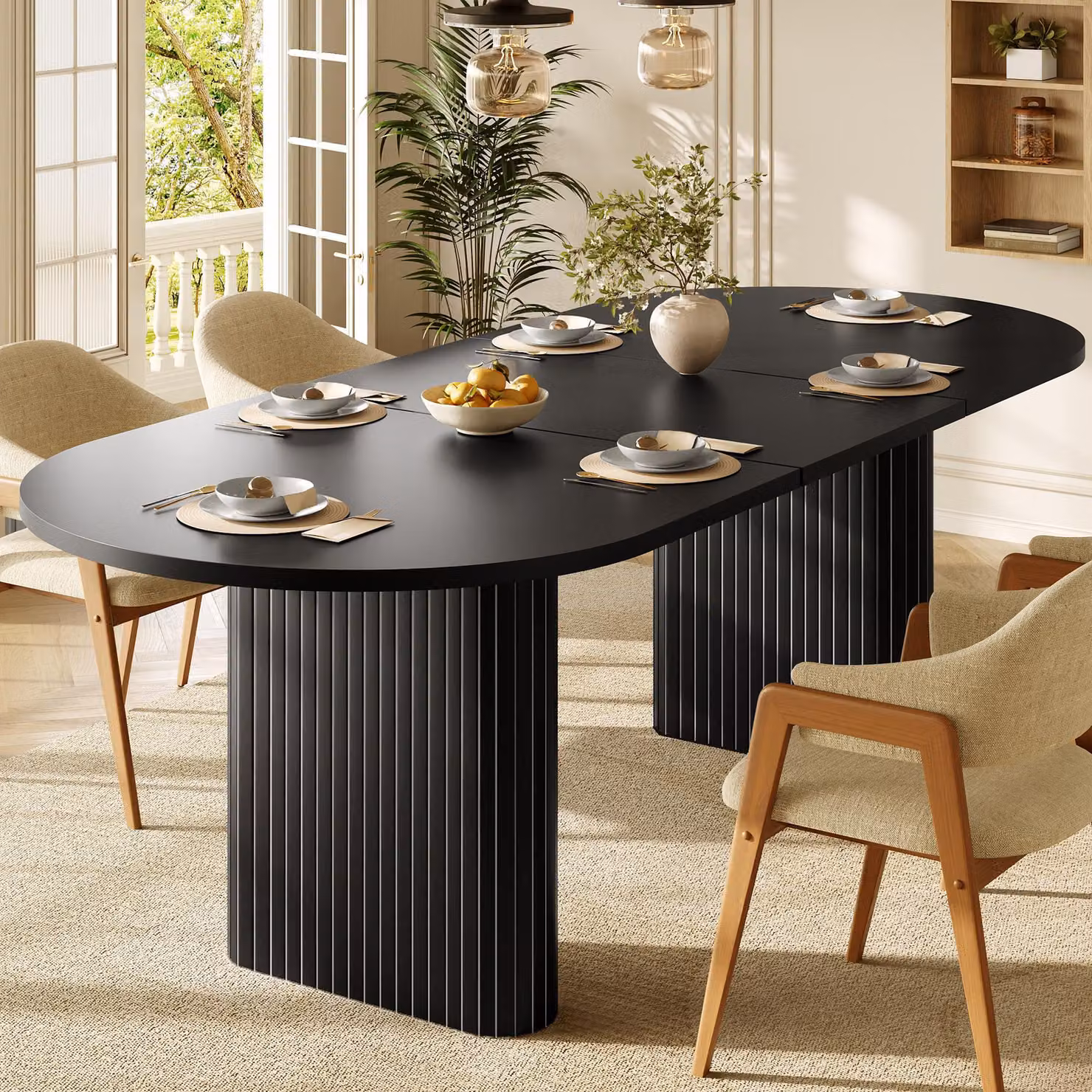 Tavolo da pranzo estendibile Flieks, 120-160 cm, tavolo ovale in legno con struttura verticale, capacità di carico fino a 60 kg, dimensioni: 120-160 x 80 x 75,5 cm, colore nero