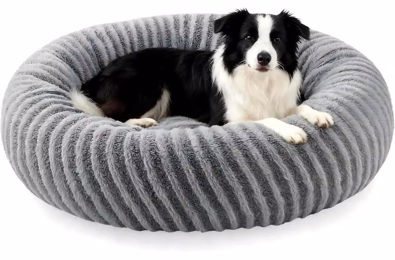 Cuccia per cani a forma di ciambella, rotonda, lavabile, antiscivolo, in peluche con effetto coniglio, tipo teddy, colore grigio, diametro 76 cm