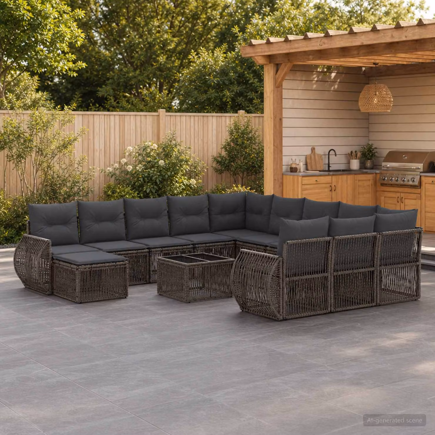 Set Divano da Giardino vidaXL a forma a U in Polyrattan Grigio con 13 Pezzi, Comprensivo di Divano a 3 Posti, Elementi Angolari, Ottoman e Tavolino da Caffè con Cuscini Inclusi