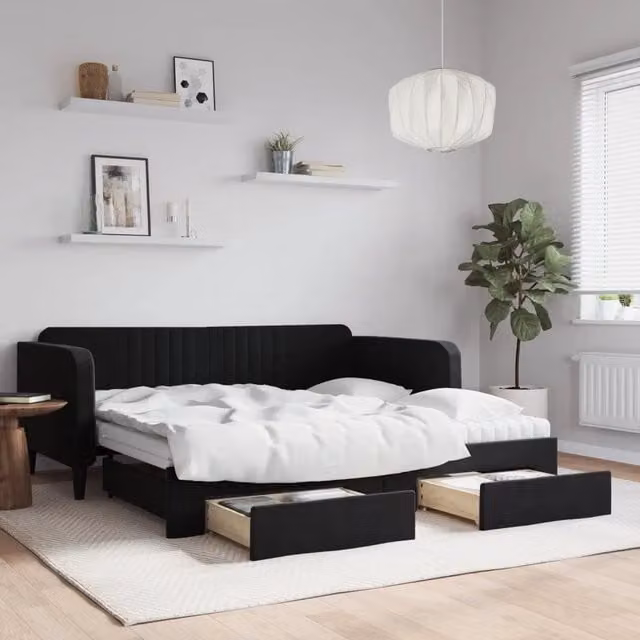 Divano Letto Estraibile vidaXL in Velluto Nero con Cassetto per Soggiorno e Camera da Letto L/P/H: 90 x 190 cm