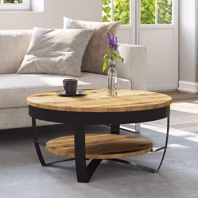 Tavolino da salotto rotondo vidaXL in legno di mango e metallo, marrone, L: 65 cm, P: 32 cm, H: 32 cm
