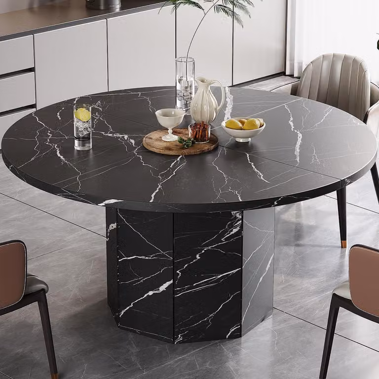 Tavolo da pranzo rotondo, aspetto marmo, legno, diametro 120 cm, nero, per 4-6 persone