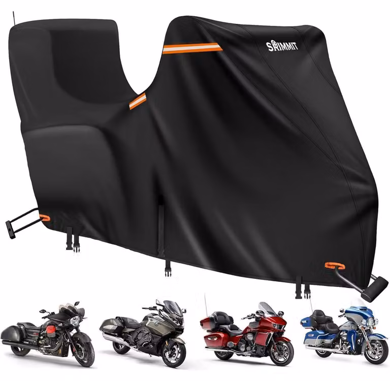 Copertura protettiva Oxford 420D per moto, adatta per modelli touring, con tasche laterali e superiore, resistente ai raggi UV, alla pioggia e alla polvere, colore nero, dimensioni 300x111x142 cm