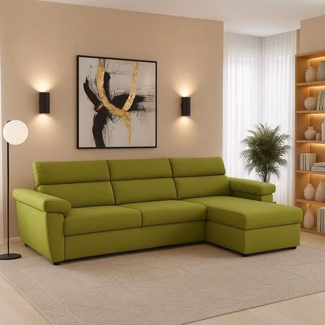 Divano angolare Ceto DMORA con penisola sfoderabile e reversibile, Made in Italy, Verde, L/P: 285 x 160 cm