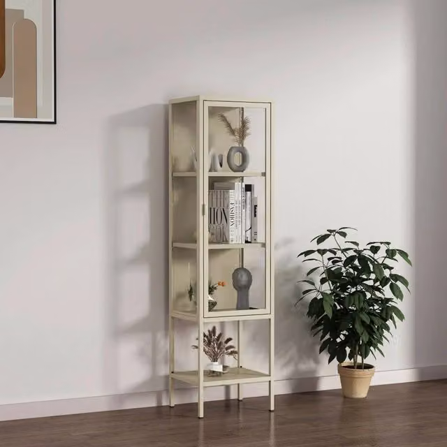 Vetrina Laces DMORA, Credenza espositiva con ante in vetro e ripiani interni, Colore Panna, L/P/H: 42 x 35 x 160 cm – 1