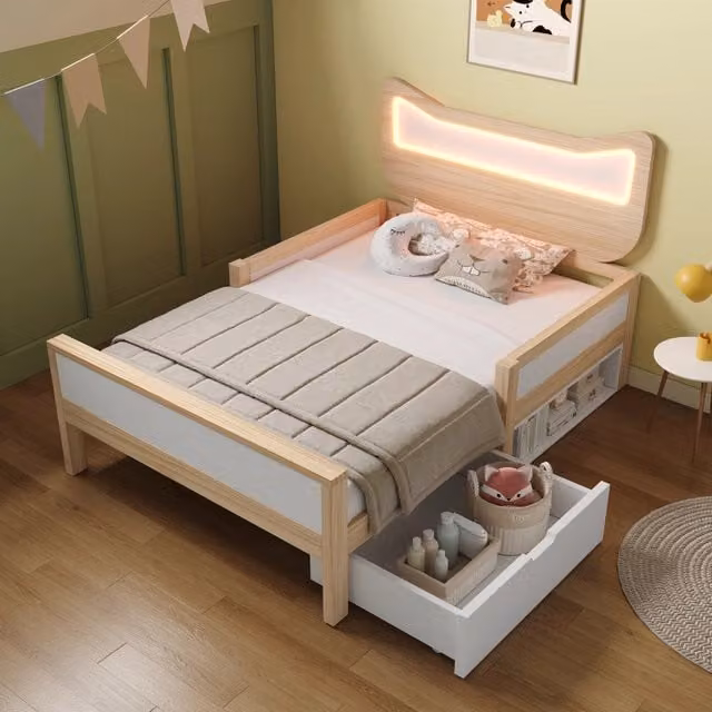 Letto per bambini REDOM con testiera a forma di gatto, illuminazione LED RGB e cassetti, bianco e rovere, L/P/H: 196 x 90 x 94 cm – 1