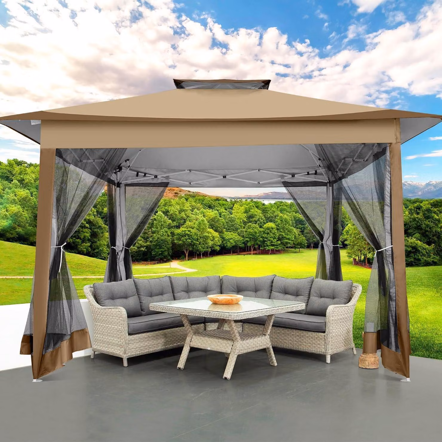 Paviglione pop-up 3x3 metri con zanzariera e pareti laterali, impermeabile, con protezione UV, color marrone