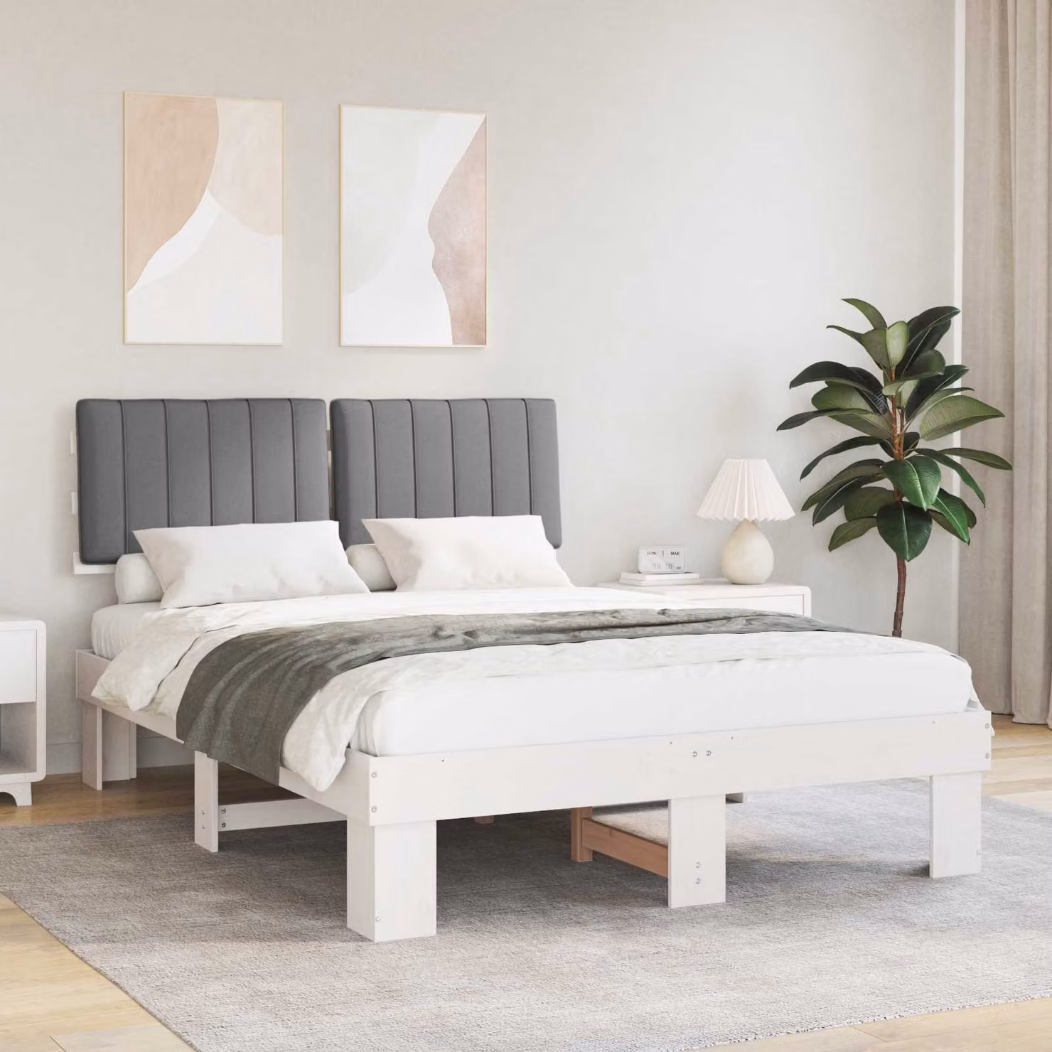 Letto con Testiera Rivestita vidaXL in Legno di Pino e Tessuto Grigio L/P/H: 140 x 200 x 93 cm – 1