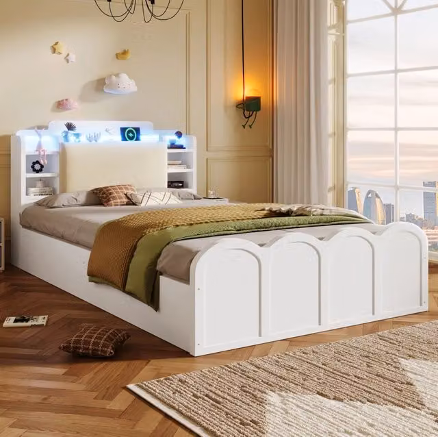Letto con contenitore idraulico 90x200 cm con illuminazione LED e ricarica USB Tipo-C, bianco