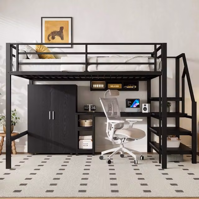 Letto a soppalco moderno in metallo e MDF nero con armadio, ripiani, scrivania e scala contenitore, dimensioni 140 x 200 cm