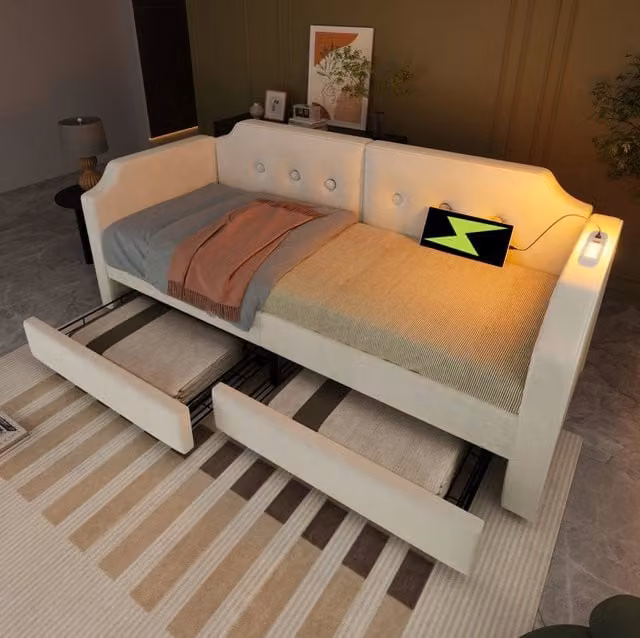 Letto da giorno imbottito ULEVR 90x200 cm con 2 cassetti, luce da lettura, USB e Type-C, velluto beige