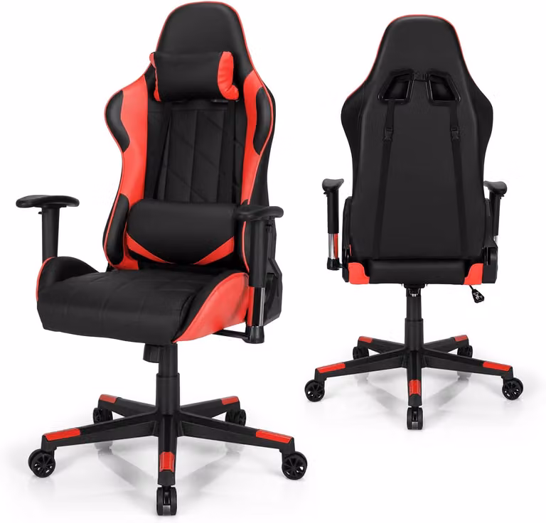 Sedia da gioco, sedia girevole con comfort regolabile, poggiatesta e lombare, comoda sedia per computer, materiale in cotone di alta qualità, portata 150 kg, 3 colori (rosso)