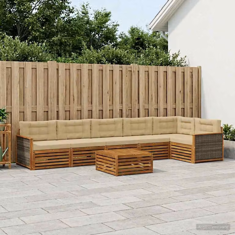 Set di divani da esterno vidaXL 7 pz in legno di acacia con tavolo da caffè e cuscini, colore beige e sabbia
