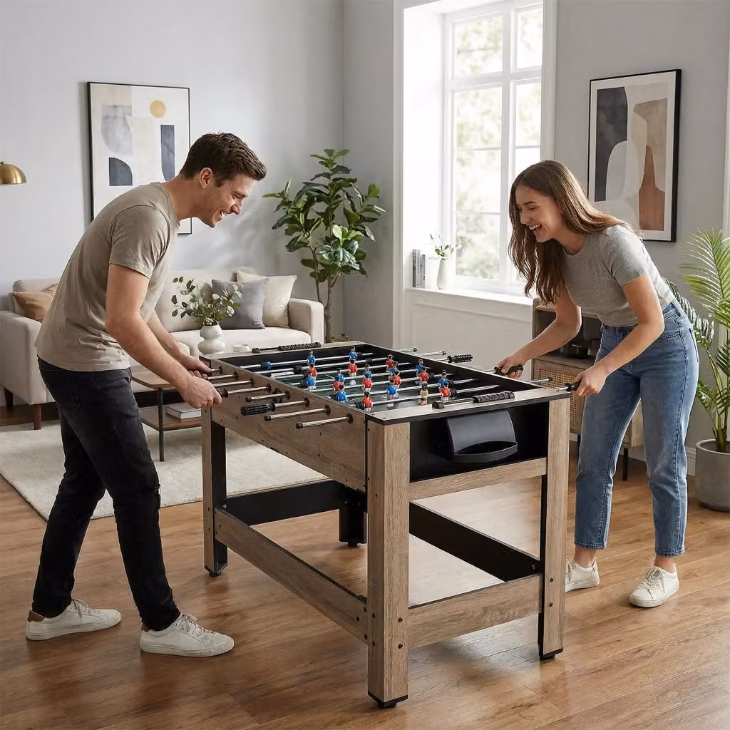 Tavolo da gioco 2-in-1 con calcio balilla e biliardo arcade rotante in legno e metallo marrone per casa e sala giochi – 2