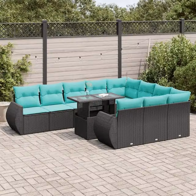 Set di divani da giardino vidaXL in polyrattan nero con cuscini e tavolino da caffè in vetro, composizione a forma di U da 11 pezzi – 1