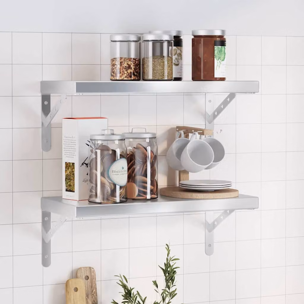 vidaXL Set di 2 Mensole da Muro in Acciaio Inossidabile Argento, L: 50 cm, P: 23,5 cm