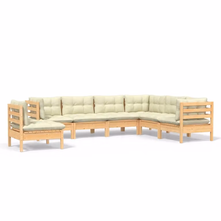 Set Divani da Giardino 7 pz con Cuscini Crema in Massello di Pino